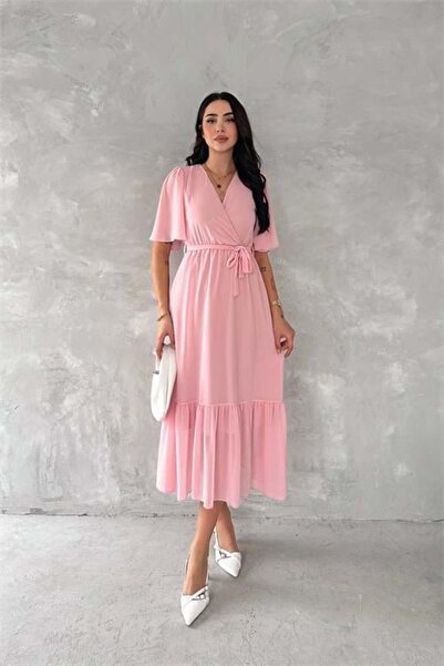 Dipmoda γυναικείο φόρεμα σιφόν με γιακά και ζώνη διπλό πέτο DPK4115