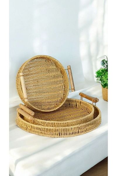 Bayev 3-Piece Wicker Wooden Handle Round Tray Presentation Tray Tea Tray 700659
