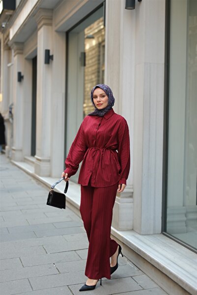 LOCCO Women's Crinkle Fabric Waist Tie Suit Claret Red