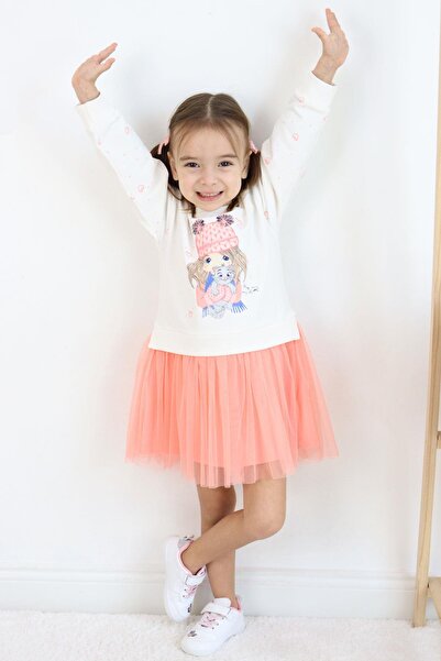 Breeze Kız Çocuk Uzun Kollu Elbise Arkadaş Temalı Kolları Kalp Desenli 2-6 Yaş, Ekru