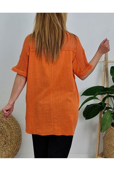 Rosidam Shoulder Mesh Detailed Pocket Short Sleeve Linen Blouse