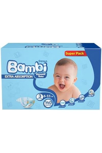 Sanita Bambi Baby Diapers Super Pack, Size 3, Medium, 6-11 kg, 140 Count