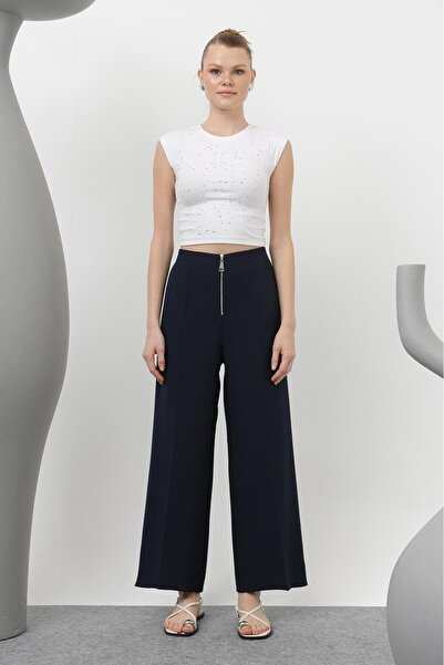 Puane Штани Soul з блискавкою спереду, еластичним поясом і широкими штанинами 18228 - темно-сині