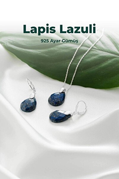 luxtone Sertifikalı Lapis Lazuli Set 925 Ayar Gümüş Kolye Küpe Doğaltaş
