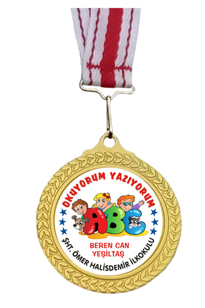 Madalya Okuyorum Yazıyorum Okula Ve Isme Özel 2 Adet Altın Trmdk148