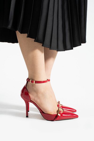 Güllü Shoes Red Shiny Vegan Stiletto |   9cm Thin Heel |   Pointed Toe |   Stylish Women's Shoes