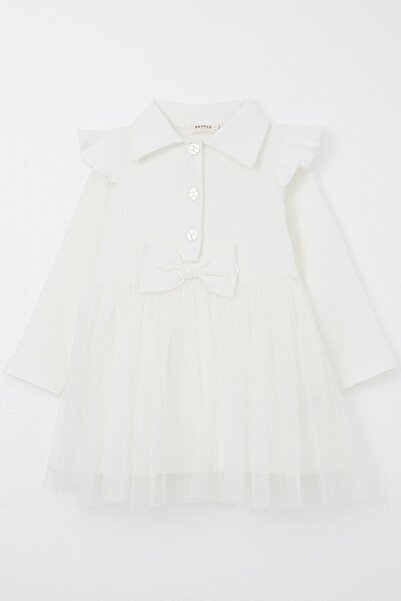 Breeze Ecru Girl's Dress - Long Sleeve, Button and Bow, 3-8 Years