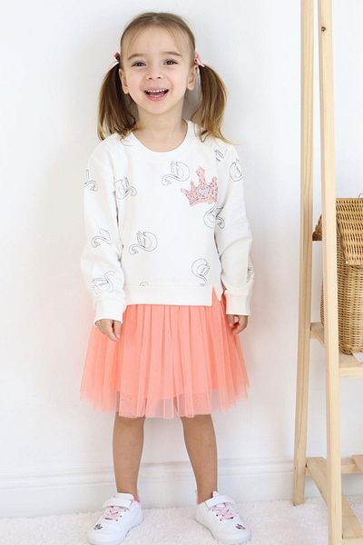 Breeze Girls' Long Sleeve Dress Swan Pattern Glitter Crown Printed 1.5-5 Years, Ecru