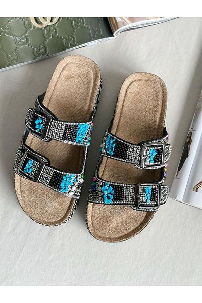 Zuum Seyla Special Design Stone Ethnic Style Buckle Women's Slippers - Black