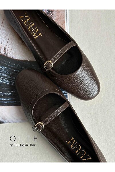 Zuum حذاء باليرينا للسيدات من Mary Jane - جلد بني دقيق بنسبة 100%