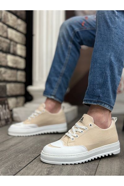 EBRUS TREND Ba0328 Boa Thick High Sole Smile Patterned Cream Sports Men's Shoes