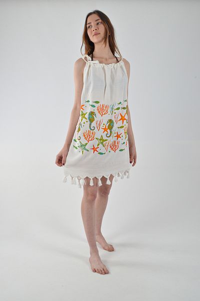 CASPARA Sea Horse Pattern Dress |   Rope Hanger |   100% Cotton |   Orange Viscon Fabric |   Beach Clothing |   Beachwear