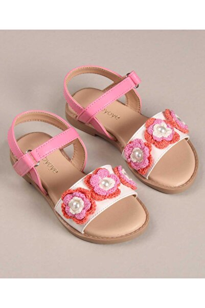 Babyoye Babyoye Velcro Closure Sandals with Floral Applique - Pink