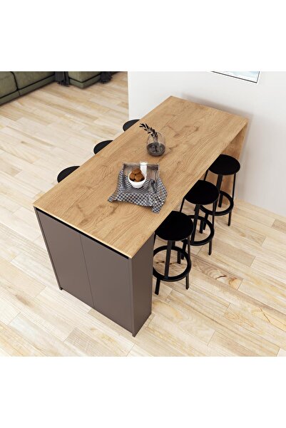 Bimossa Edgar L4820 Mutfak Adası Bar Masası 160 Cm Antrasit Ahşap Üst Depolamalı Çok Amaçlı Oturmalı Masa