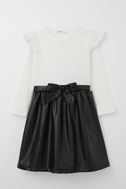 Breeze Kız Çocuk Uzun Kollu Elbise Eteği Deri Omuzu Fırfırlı Fiyonklu 5-10 Yaş, Beyaz