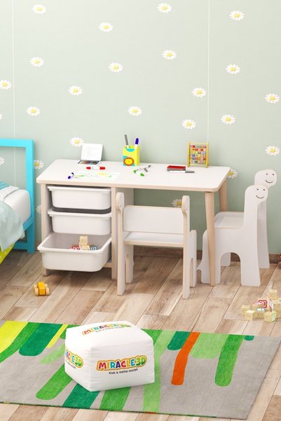 MİRACLE 3D Çocuk Masa Sandalye Takımı-3 Sepetli Çocuk Çalışma Masası Aktivite Masası Yaz-sil çift Dino Sandalye