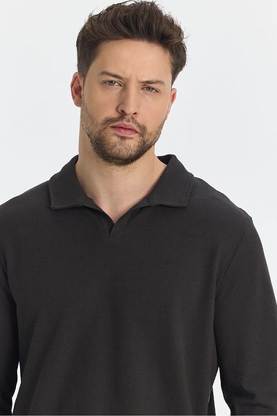 Frappoli Мъжки суитшърт с поло яка Volex Slim Fit - дълъг ръкав, 100% памук, ликра, цвят кафе