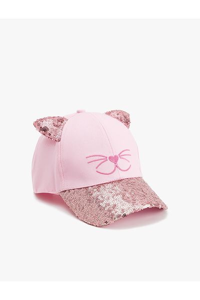 Koton Cat Figured Sequined Ear Appliqued Cap Hat