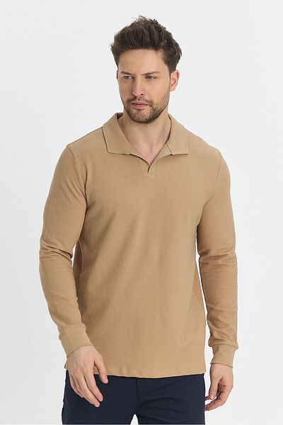 Frappoli Φούτερ Volex Beige Slim Fit Polo Collar - 100% βαμβάκι, λεπτομέρεια πέτο, μακρύ μανίκι