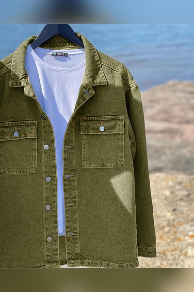 Edwox Ανδρικό Slim Fit τζιν πουκάμισο τζιν μπουφάν Khaki Edw012