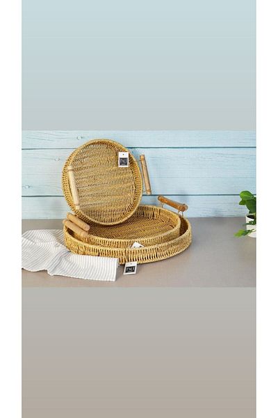 Bayev 3-Piece Wicker Wooden Handle Round Tray Presentation Tray Tea Tray 700659