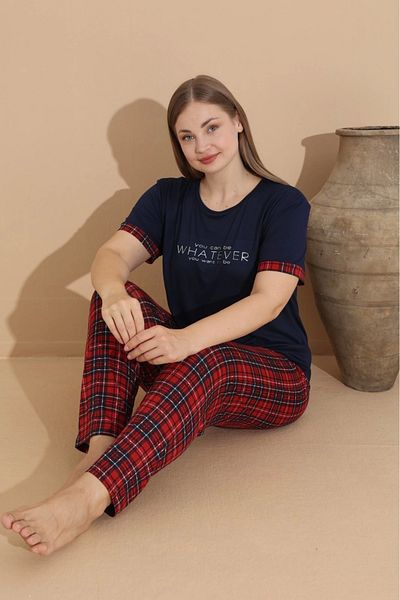 Pijamoni Pijamoni Large Size Milan Fabric Zero Collar Short Sleeve Navy Blue Pajama Set