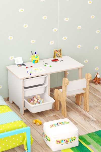 MİRACLE 3D Çocuk Masa Sandalye Takımı-3 Sepetli Çocuk Çalışma Masası Aktivite Masası Yaz-sil Dino Tek Sandalye