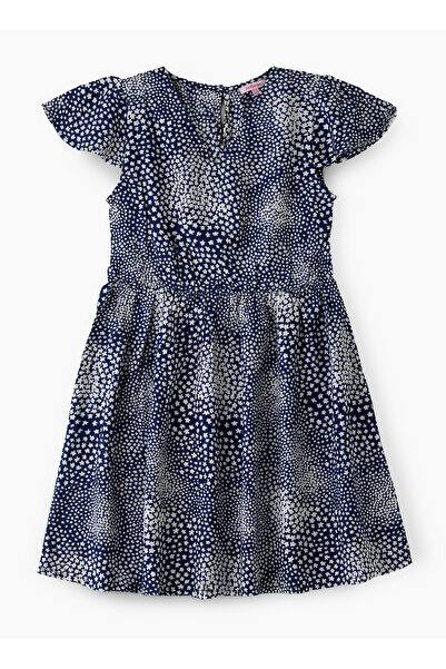 Basicxx Girls' Navy Blue Printed Viscose Dress with Flutter Sleeves