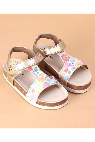 Babyoye Babyoye Velcro Closure Floral Printed Sandals - Golden & White