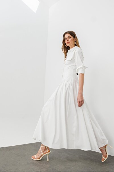 pieces of melon White Cotton Shirred Detailed Long Sleeve a Form Shirt Dress