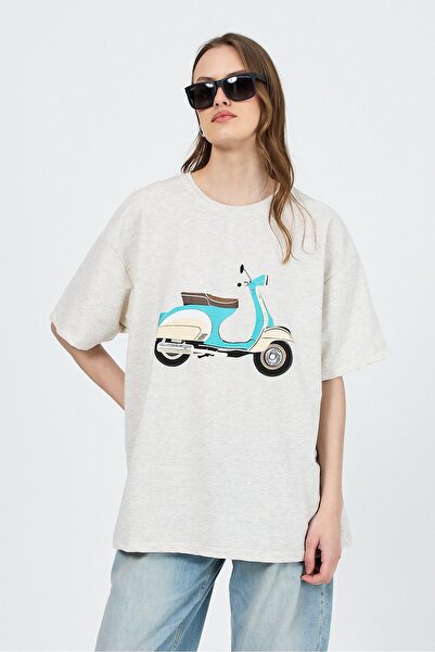 Rays تي شيرت Karmelange برقبة دائرية وطباعة دراجة نارية مقاس كبير 3098