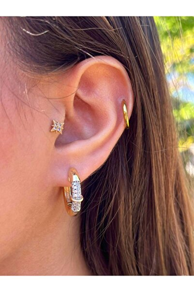 Zerys Jewelry أقراط دائرية من الفولاذ بحجر ذهبي