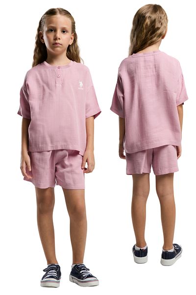 U.S. Polo Assn. U.S. Polo Girl's Buttoned Round Neck Short Sleeve Shorts Set of Two Vr.U.S.D20.Kç93.Y.51