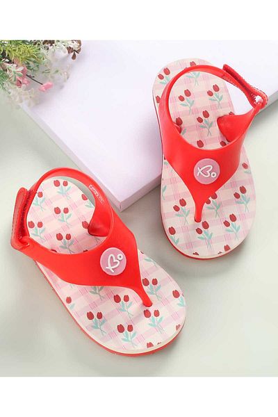 Babyoye Babyoye Flip Flops with Velcro Closure & Floral Print - Red