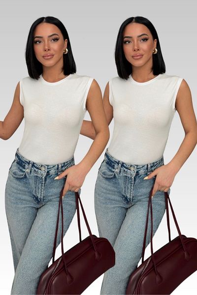 Lunamiratto Bumbac alb 2'li Body de damă cu decolteu și tricou negru