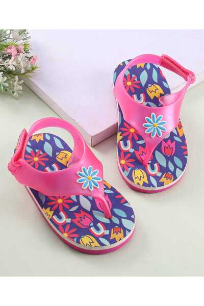 Babyoye Babyoye Velcro Closure Flip Flops with Floral Applique - Pink