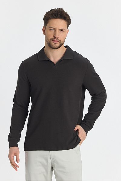 Frappoli Мъжки суитшърт с поло яка Volex Slim Fit - дълъг ръкав, 100% памук, ликра, цвят кафе