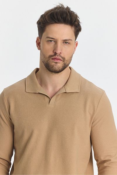 Frappoli Φούτερ Volex Beige Slim Fit Polo Collar - 100% βαμβάκι, λεπτομέρεια πέτο, μακρύ μανίκι