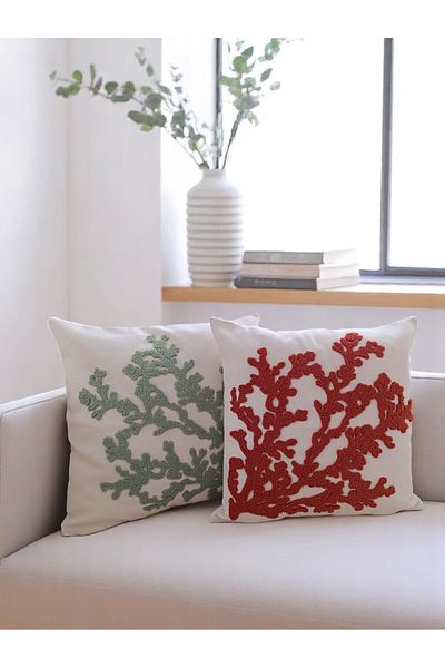 Home Embroidered Coral Patterned Throw Pillow Cover - Set of 2