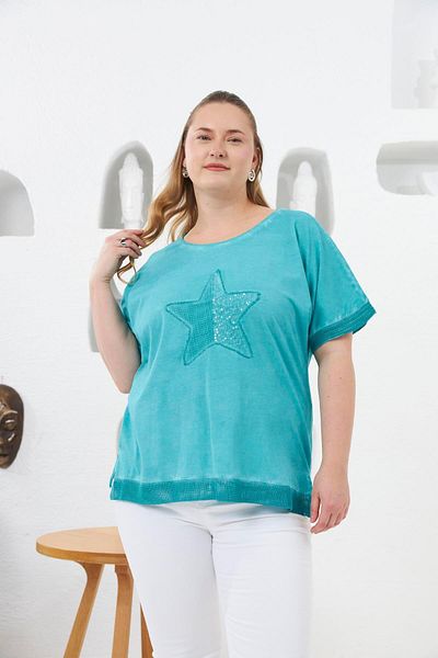 RMG Turquoise Painting T-Shirt Large Size Sequin Embroidered