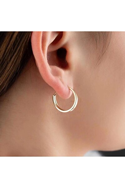 Bayar Gold 14 Ayar Altın Düz Halka Gizli Kilit Küpe 1.9 cm