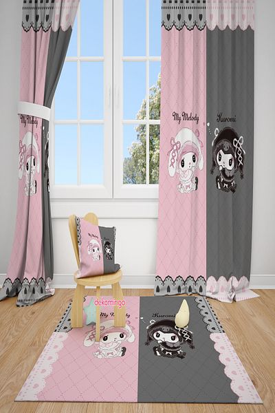 dekomingo Pink Gray Striped Kuromi and Melody Patterned 2 Wing Background Curtain