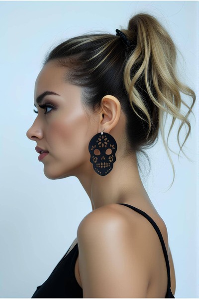 Angels Passion Black Skull Gothic Earrings, Style Laser Cut Earrings - Apbj018