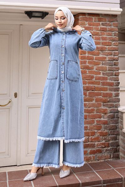 Modamihram Ice Blue 19243 Detailed Denim Suit Tassel