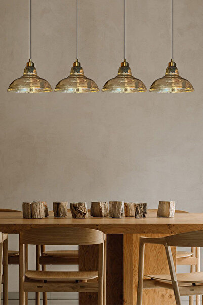 Bamyum Dörtlü Vishi Cam Bal Rengi Avize Yarım Lale Başlık Retro Sarkıt Lamba Restoran Salon Aydınlatma