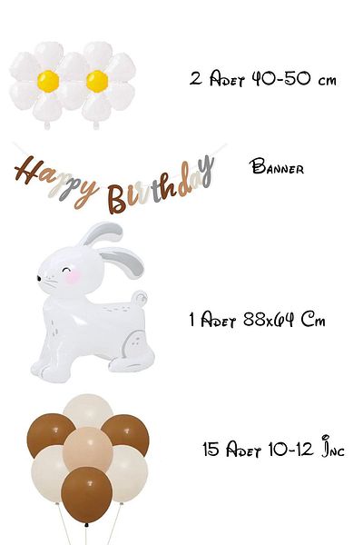 Patladı Gitti Retro Birthday Set with Daisy and Oversized 3D White Rabbit Design