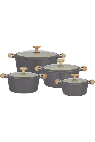 ALSAIF 8-piece Cookware Set By With Non-stick Interior And Wooden Handles, Dark Gray
