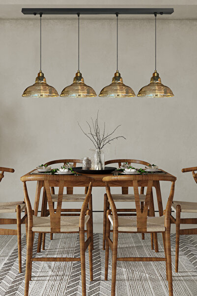 Bamyum Dörtlü Vishi Cam Bal Rengi Avize Yarım Lale Başlık Retro Sarkıt Lamba Restoran Salon Aydınlatma