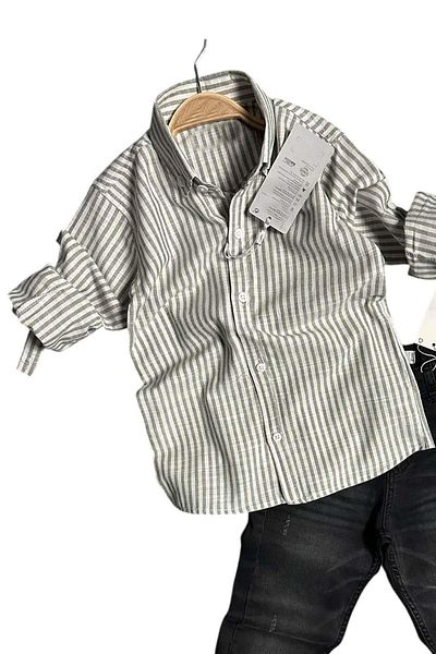 Riccotarz Boy's Striped Linen Shirt Black Jean Pants Bottom Top Set