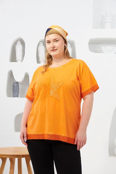 RMG Sequin Sequin Embroidered Large Size Painted T-Shirt Orange